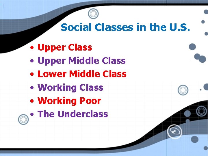 Social Classes in the U. S. • • • Upper Class Upper Middle Class