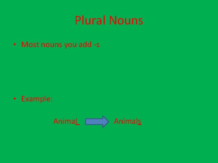 Plural Nouns • Most nouns you add -s • Example: Animals 