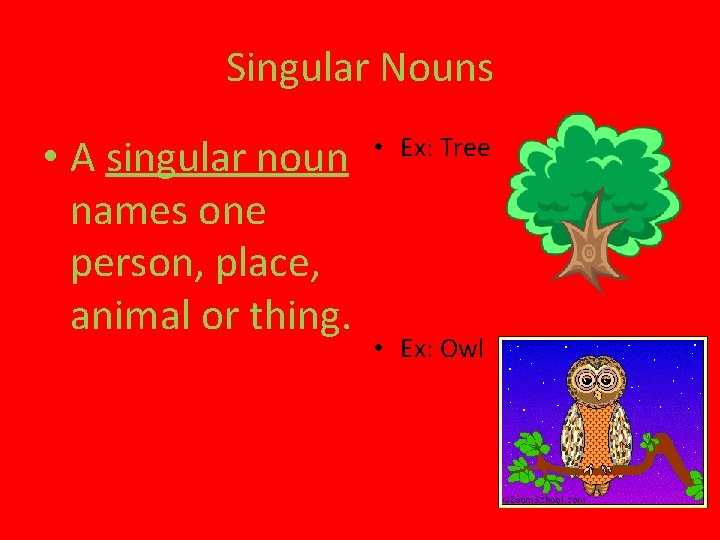 Singular Nouns • A singular noun names one person, place, animal or thing. •