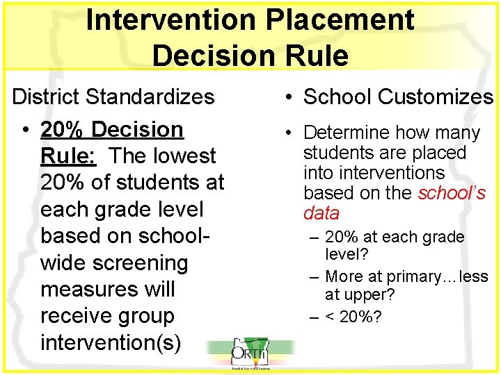 Intervention Placement Decision Rule District Standardizes • 20% Decision Rule: The lowest 20% of