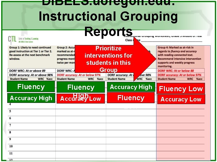 DIBELS. uoregon. edu: Instructional Grouping Reports Prioritize interventions for students in this Group Fluency