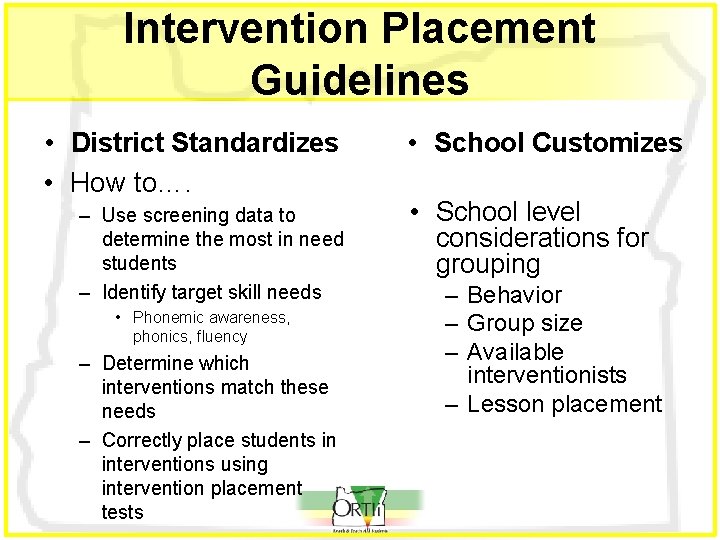 Intervention Placement Guidelines • District Standardizes • How to…. – Use screening data to