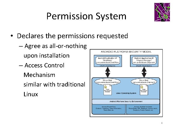 Permission System • Declares the permissions requested – Agree as all-or-nothing upon installation –