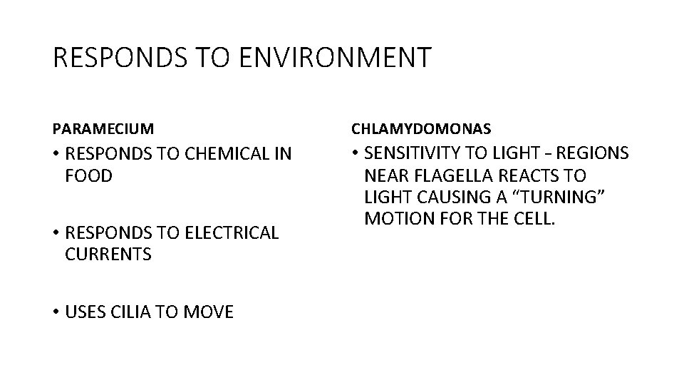 RESPONDS TO ENVIRONMENT PARAMECIUM • RESPONDS TO CHEMICAL IN FOOD • RESPONDS TO ELECTRICAL
