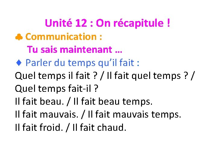Unité 12 : On récapitule ! Communication : Tu sais maintenant … Parler du