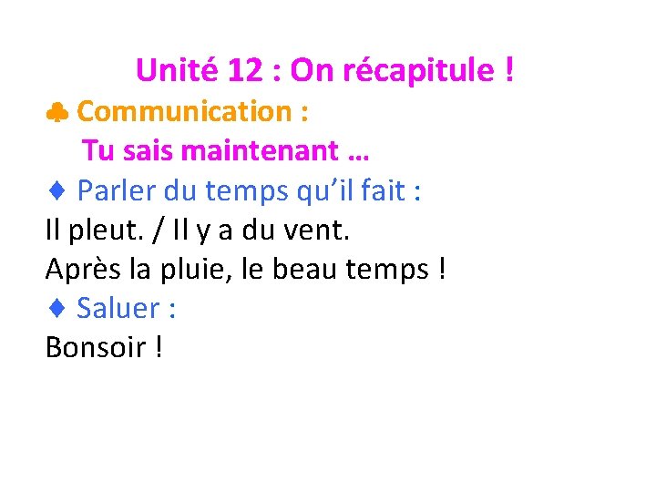 Unité 12 : On récapitule ! Communication : Tu sais maintenant … Parler du