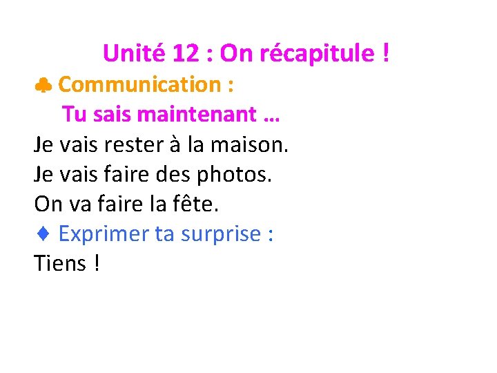Unité 12 : On récapitule ! Communication : Tu sais maintenant … Je vais