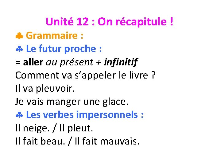 Unité 12 : On récapitule ! Grammaire : § Le futur proche : =