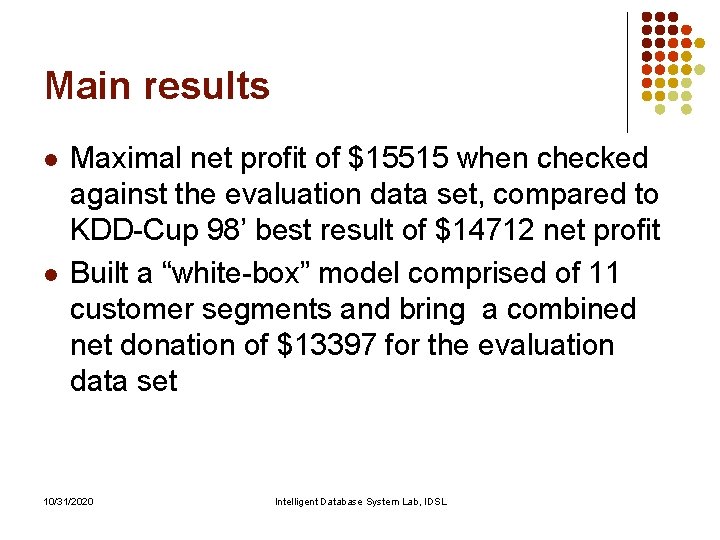 Main results l l Maximal net profit of $15515 when checked against the evaluation Main results l l Maximal net profit of $15515 when checked against the evaluation