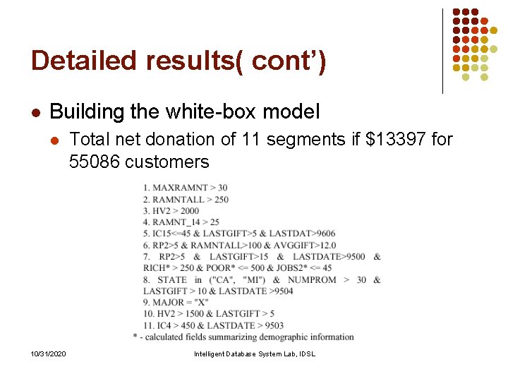 Detailed results( cont’) l Building the white-box model l 10/31/2020 Total net donation of Detailed results( cont’) l Building the white-box model l 10/31/2020 Total net donation of