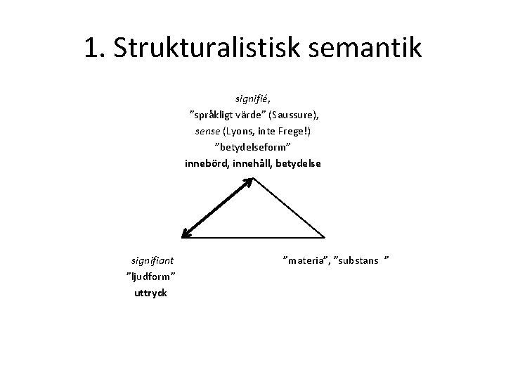 1. Strukturalistisk semantik signifié, ”språkligt värde” (Saussure), sense (Lyons, inte Frege!) ”betydelseform” innebörd, innehåll,