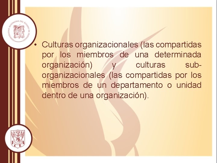  • Culturas organizacionales (las compartidas por los miembros de una determinada organización) y