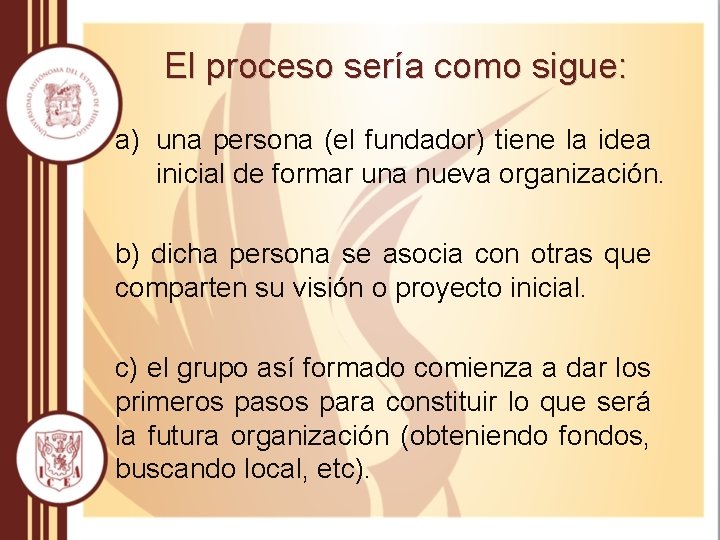 El proceso sería como sigue: a) una persona (el fundador) tiene la idea inicial