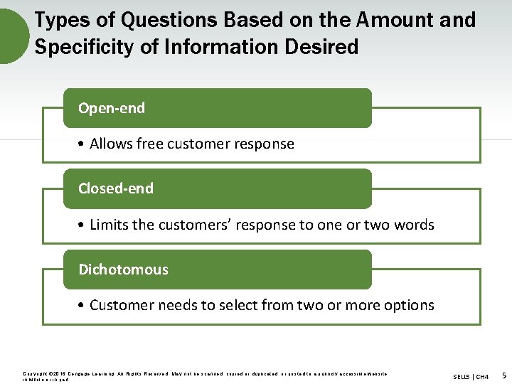 Types of Questions Based on the Amount and Specificity of Information Desired Open-end •