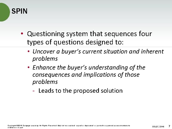 SPIN • Questioning system that sequences four types of questions designed to: • Uncover