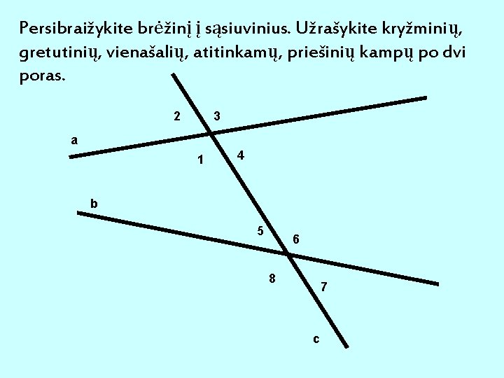 Persibraižykite brėžinį į sąsiuvinius. Užrašykite kryžminių, gretutinių, vienašalių, atitinkamų, priešinių kampų po dvi poras.