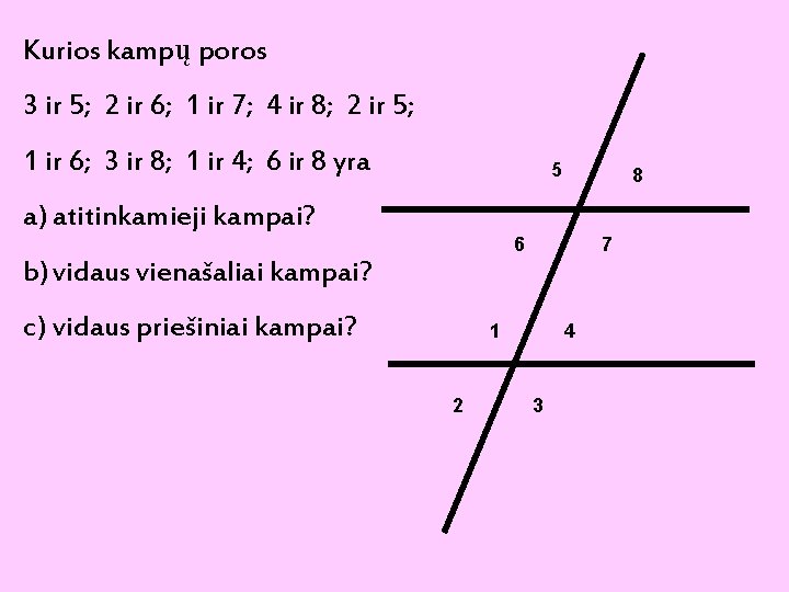 Kurios kampų poros 3 ir 5; 2 ir 6; 1 ir 7; 4 ir