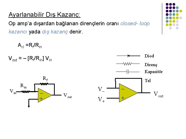 Ayarlanabilir Dış Kazanç: Op amp’a dışardan bağlanan dirençlerin oranı closed- loop kazancı yada dış