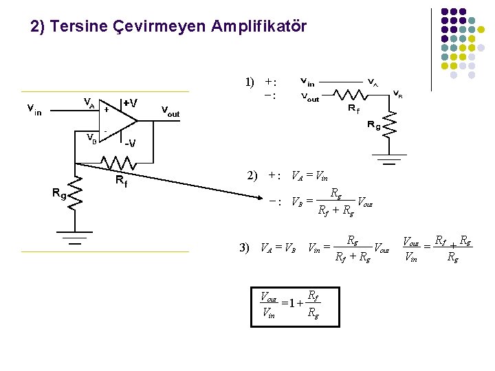 2) Tersine Çevirmeyen Amplifikatör 1) + : -: 2) + : VA = Vin