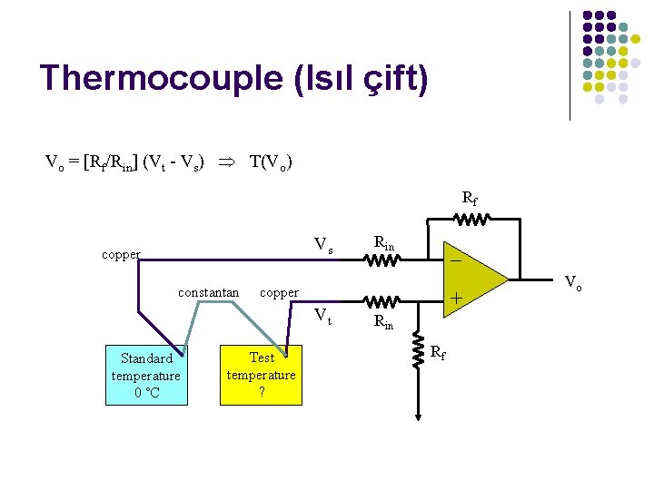 Thermocouple (Isıl çift) Vo = [Rf/Rin] (Vt - Vs) T(Vo) Rf Vs copper constantan