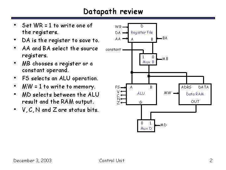 Datapath review • • Set WR = 1 to write one of the registers.