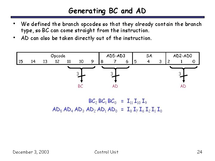 Generating BC and AD • • We defined the branch opcodes so that they