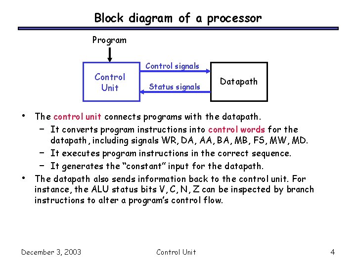 Block diagram of a processor Program Control Unit • • Control signals Status signals