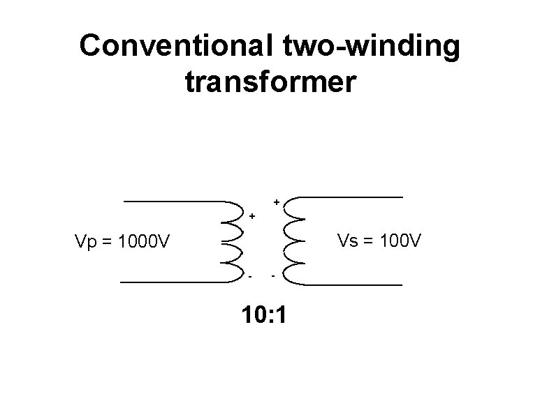 Conventional two-winding transformer + + Vs = 100 V Vp = 1000 V -
