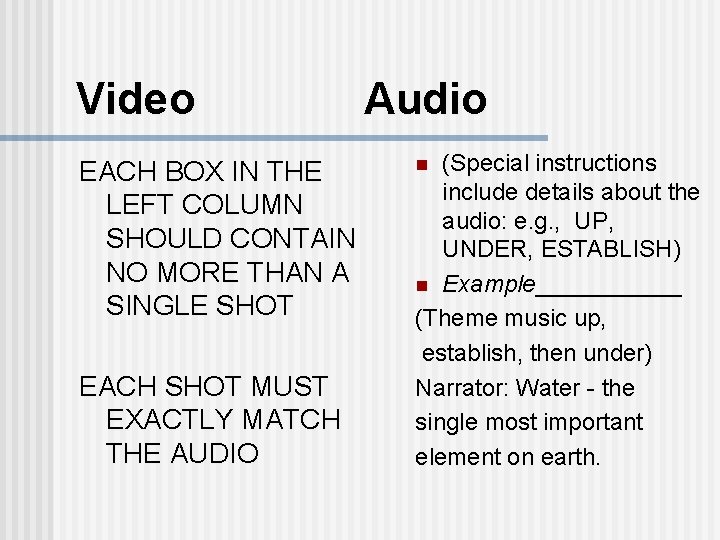 Video Audio EACH BOX IN THE LEFT COLUMN SHOULD CONTAIN NO MORE THAN A