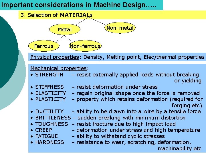 Important considerations in Machine Design…. . 3. Selection of MATERIALs Metal Ferrous Non-metal Non-ferrous