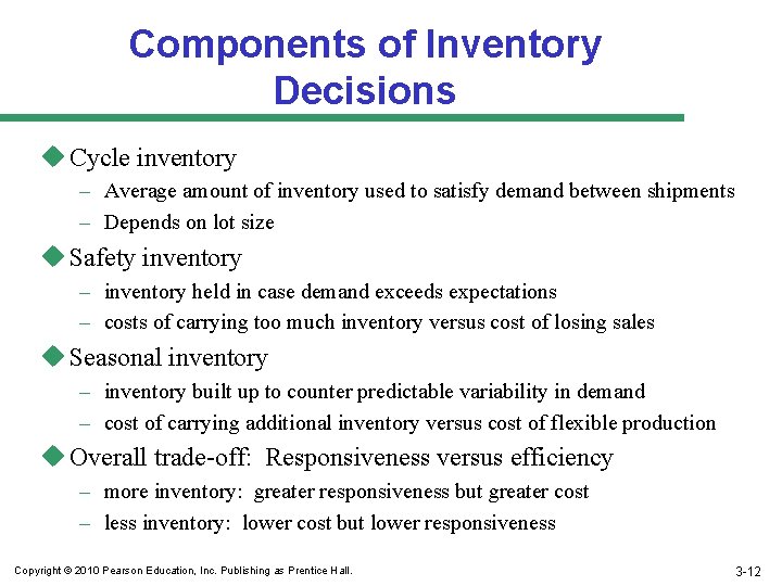 Components of Inventory Decisions u Cycle inventory – Average amount of inventory used to