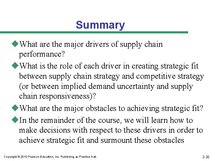 Summary u. What are the major drivers of supply chain performance? u. What is