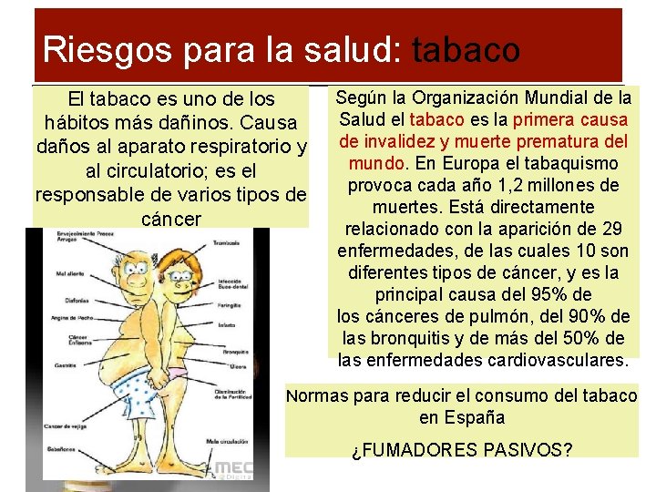 Riesgos para la salud: tabaco El tabaco es uno de los hábitos más dañinos.