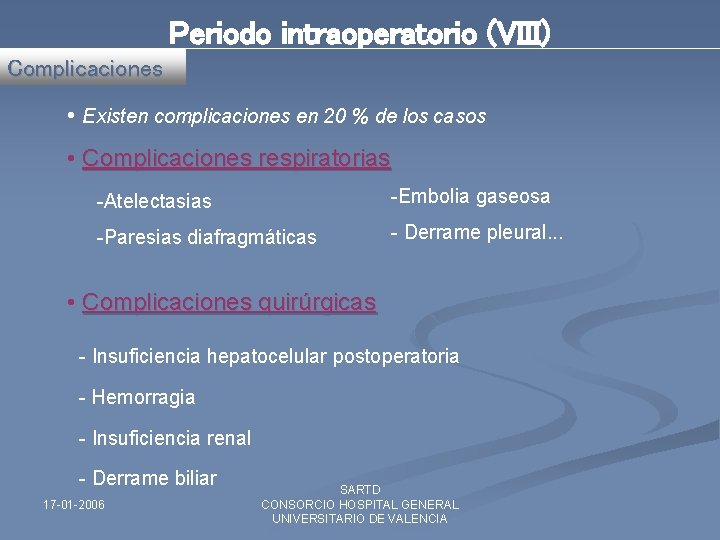 Periodo intraoperatorio (VIII) Complicaciones • Existen complicaciones en 20 % de los casos •