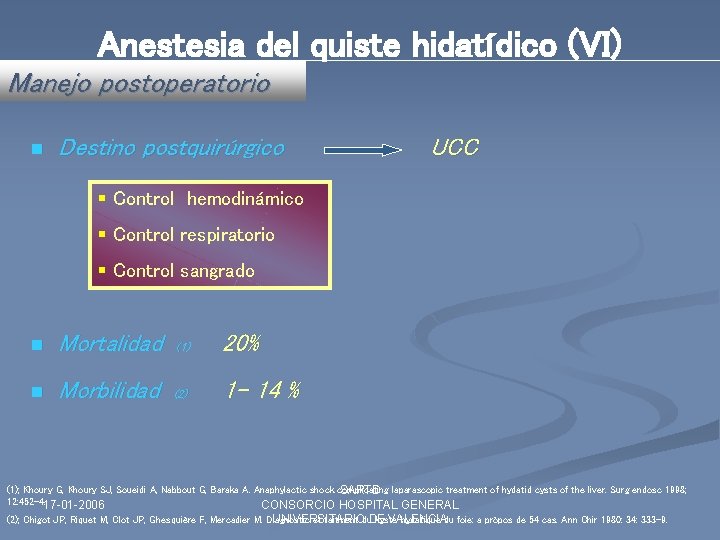 Anestesia del quiste hidatídico (VI) Manejo postoperatorio n Destino postquirúrgico UCC § Control hemodinámico