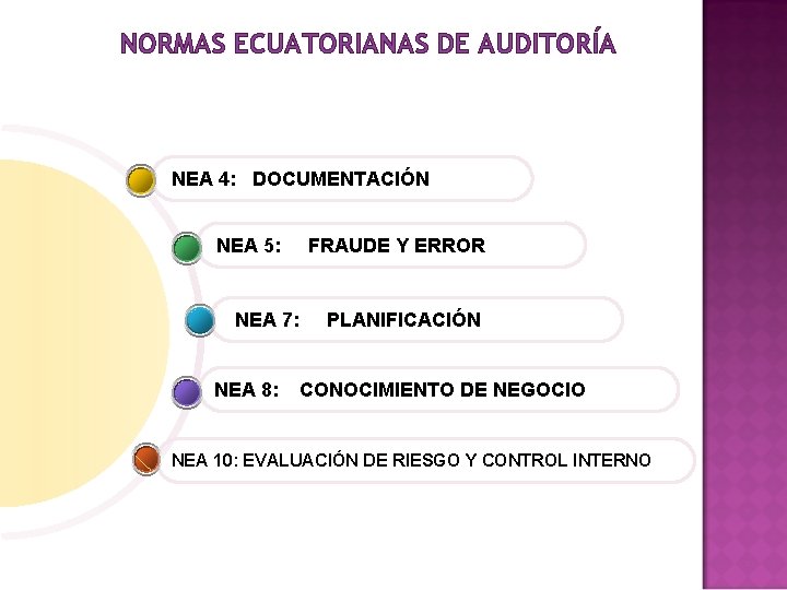 NORMAS ECUATORIANAS DE AUDITORÍA NEA 4: DOCUMENTACIÓN NEA 5: FRAUDE Y ERROR NEA 7: