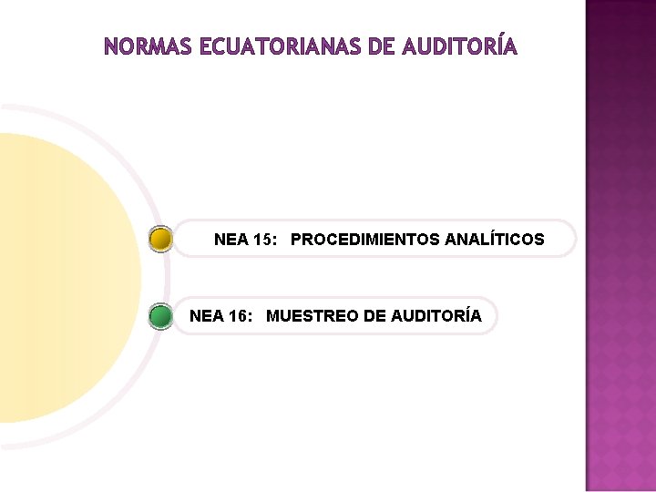NORMAS ECUATORIANAS DE AUDITORÍA NEA 15: PROCEDIMIENTOS ANALÍTICOS NEA 16: MUESTREO DE AUDITORÍA 