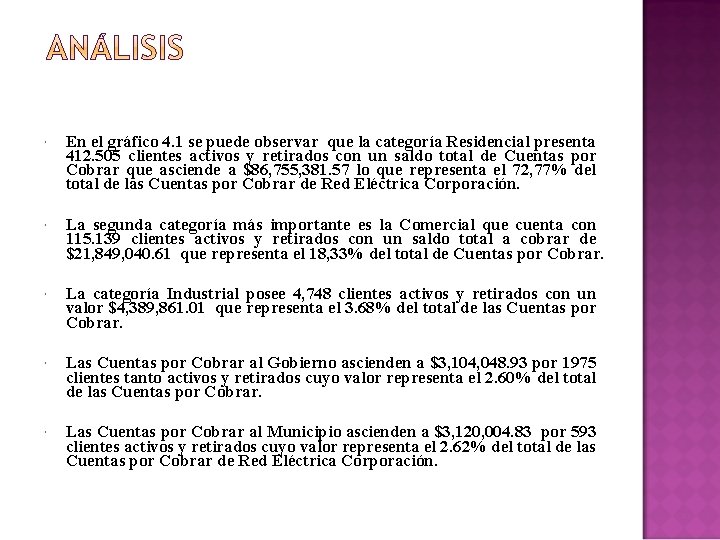  En el gráfico 4. 1 se puede observar que la categoría Residencial presenta