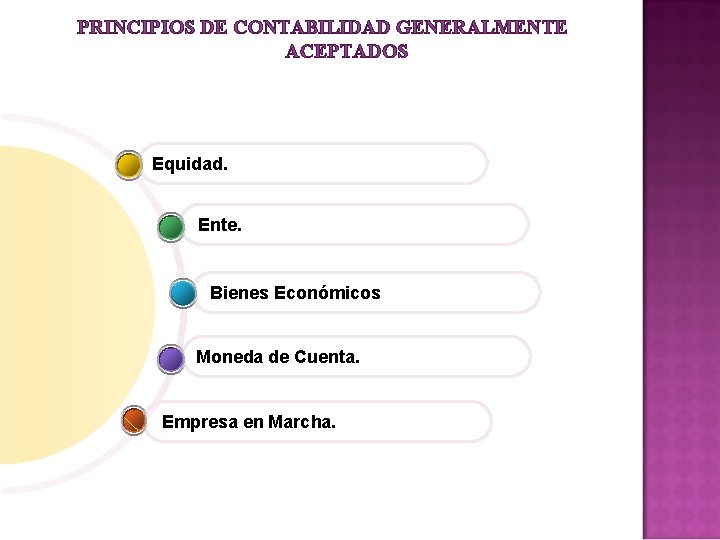 PRINCIPIOS DE CONTABILIDAD GENERALMENTE ACEPTADOS Equidad. Ente. Bienes Económicos Moneda de Cuenta. Empresa en