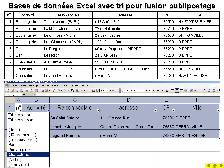 Bases de données Excel avec tri pour fusion publipostage n° Activité Raison sociale 1