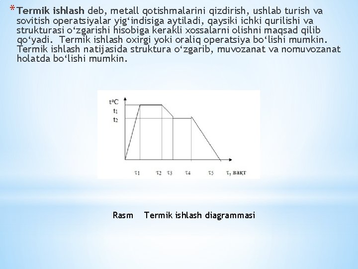 * Termik ishlash deb, metall qotishmalarini qizdirish, ushlab turish va sovitish operatsiyalar yig‘indisiga aytiladi,