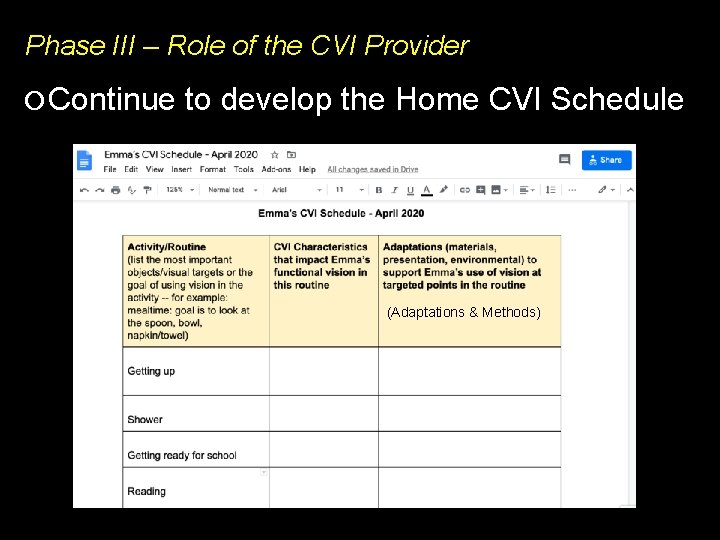 Phase III – Role of the CVI Provider Continue to develop the Home CVI