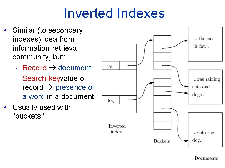 Inverted Indexes • Similar (to secondary indexes) idea from information retrieval community, but: -