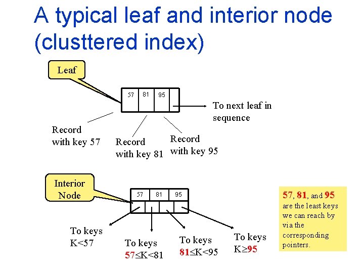 A typical leaf and interior node (clusttered index) Leaf 57 81 95 To next