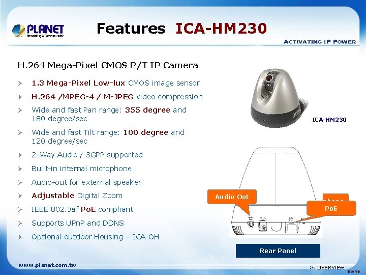 Features ICA-HM 230 H. 264 Mega-Pixel CMOS P/T IP Camera Ø 1. 3 Mega-Pixel