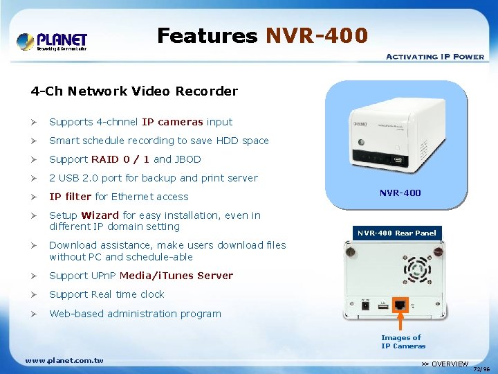 Features NVR-400 4 -Ch Network Video Recorder Ø Supports 4 -chnnel IP cameras input