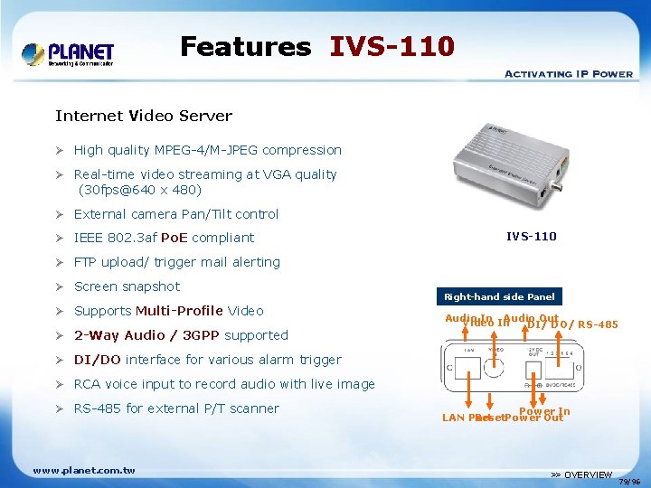 Features IVS-110 Internet Video Server Ø High quality MPEG-4/M-JPEG compression Ø Real-time video streaming