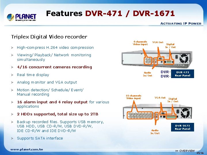 Features DVR-471 / DVR-1671 Triplex Digital Video recorder Ø High-compress H. 264 video compression