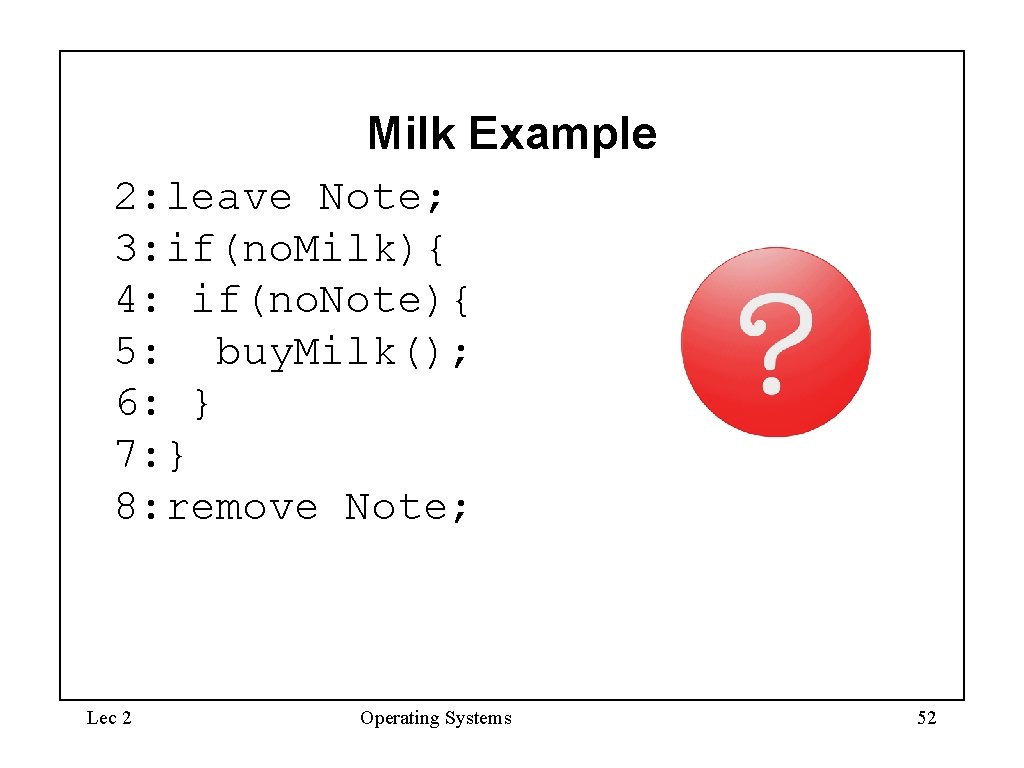 Milk Example 2: leave Note; 3: if(no. Milk){ 4: if(no. Note){ 5: buy. Milk();