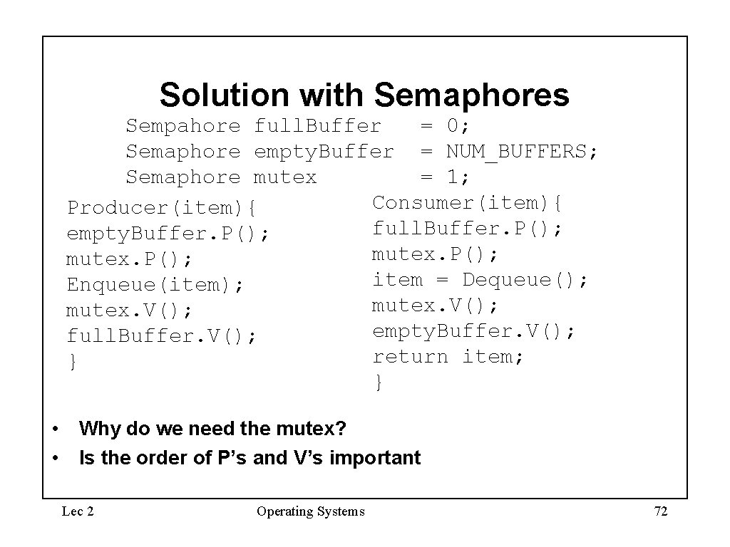 Solution with Semaphores Sempahore full. Buffer = 0; Semaphore empty. Buffer = NUM_BUFFERS; Semaphore